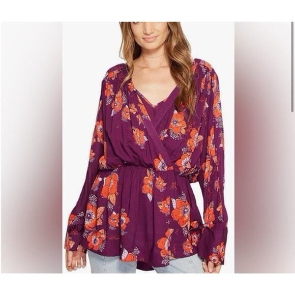 Free People Tuscan Dreams Tunic Top Women's Large Plum Floral Mini Dress Boho - Picture 1 of 12